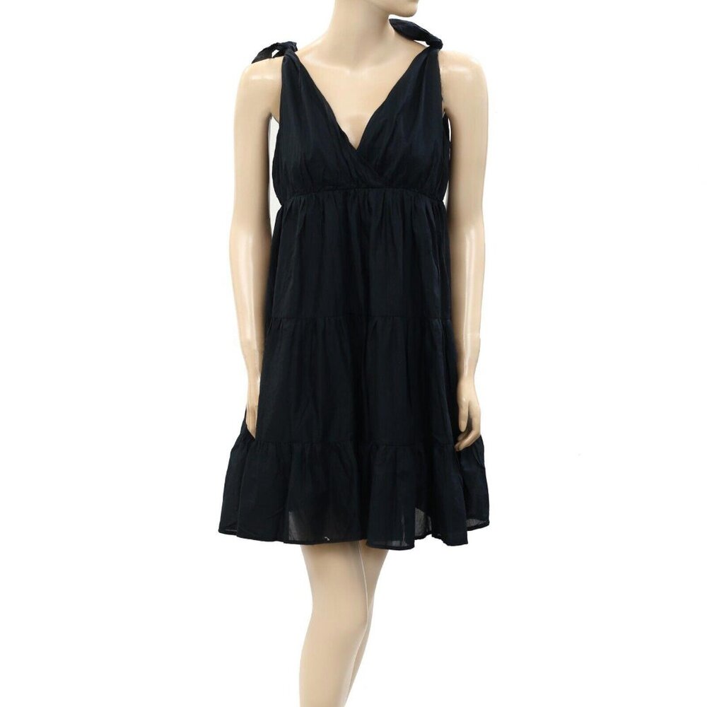 Merlette Solid Cotton-Voile Mini Dress Tiered Black Resort Sleeveless S
